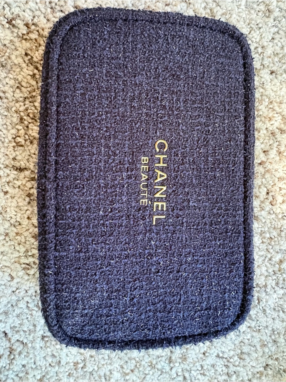 CHANEL Navy Tweed Cosmetic Pouch with Gold Logo